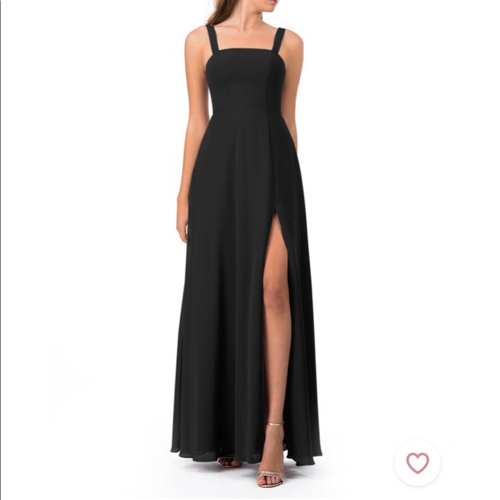 Black dress worn once as a bridesmaid dress. slit and straight neckline.